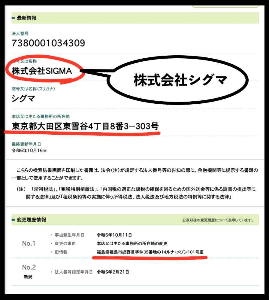 うまピカという競馬予想サイトの運営会社「株式会社SIGMA」を国税庁サイトから検索